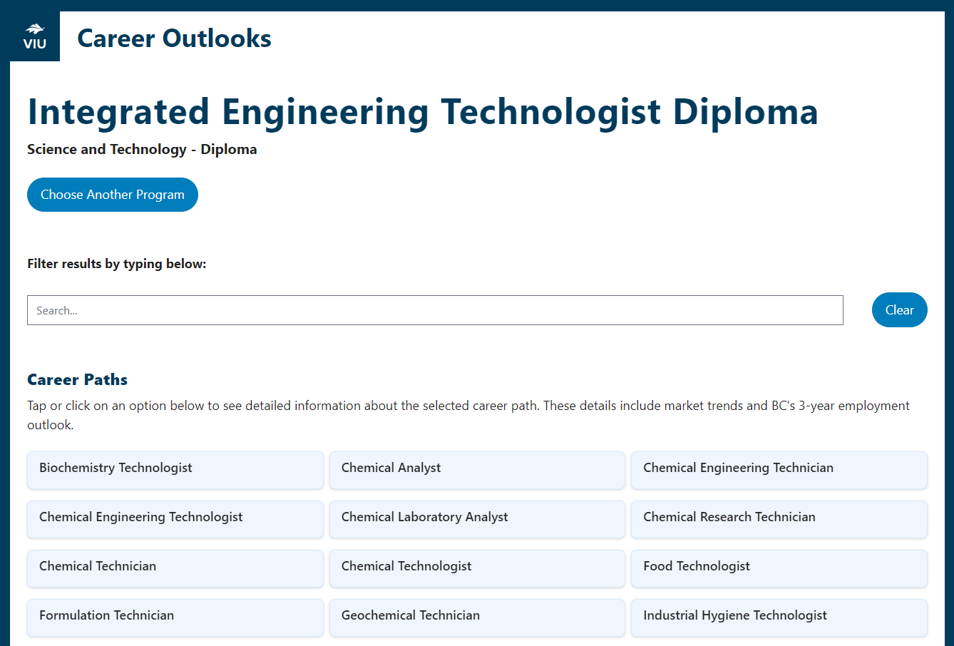 Career outlooks example showing a search for Integrated Engineering Technologist diploma program displaying a list of jobs related to that field.